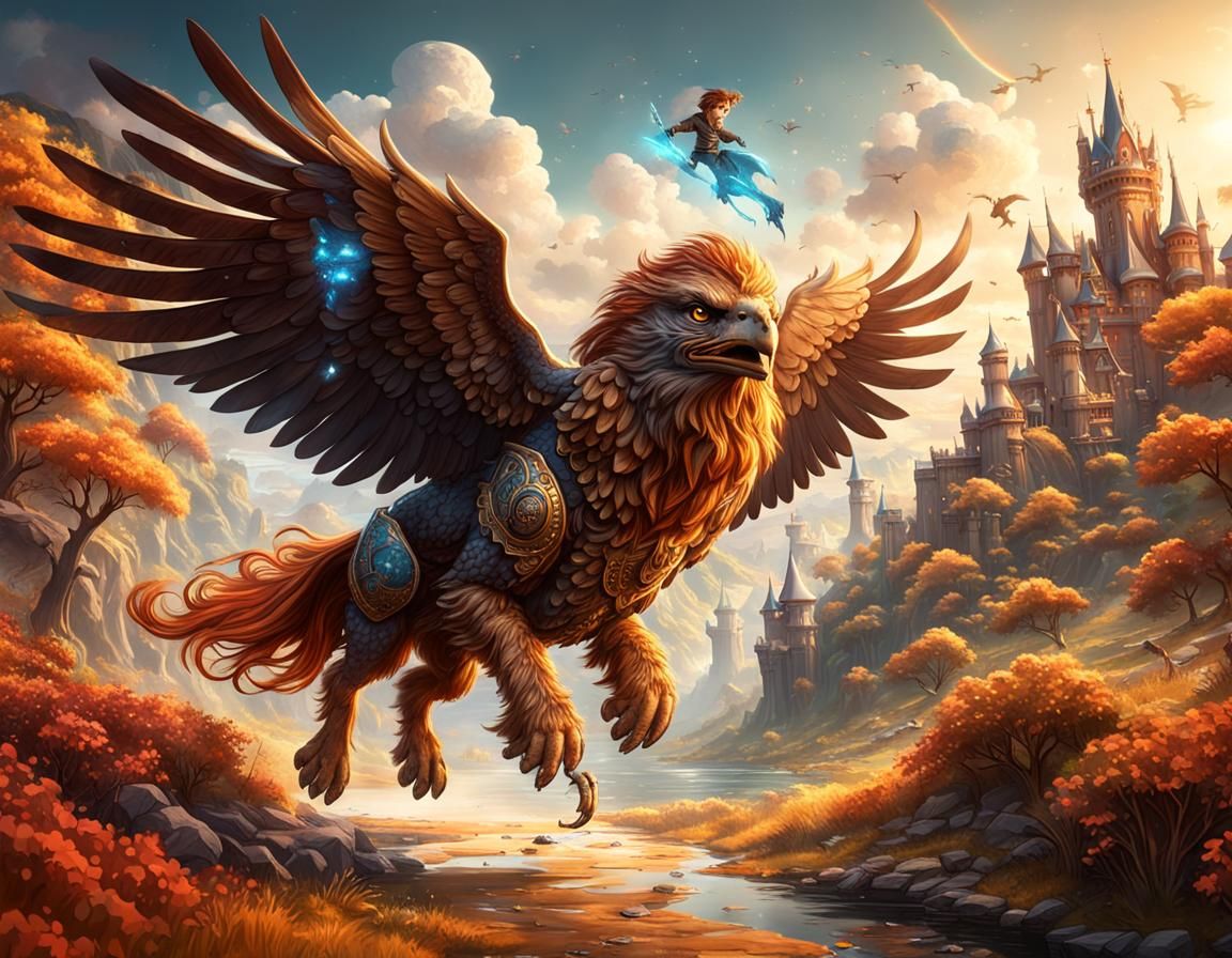 Griffin flying a little boy  by @Antari