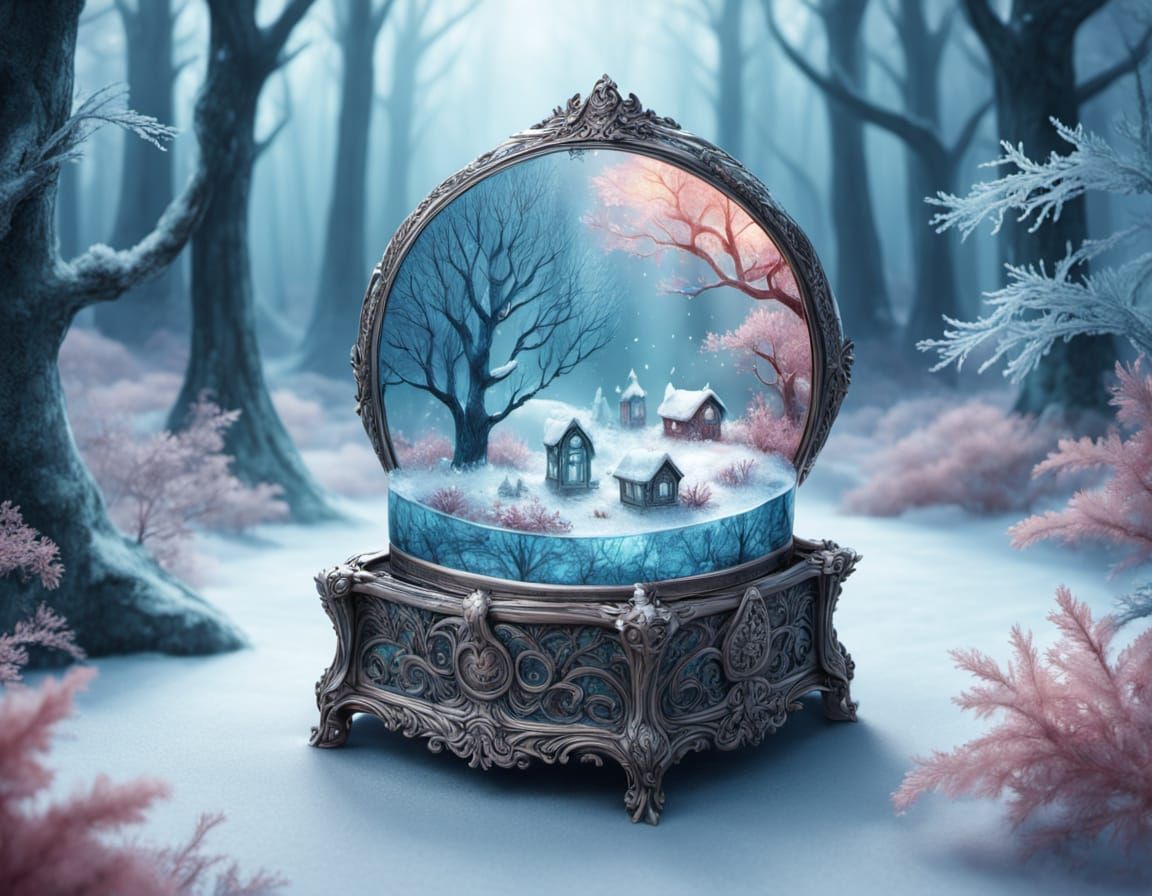 A crystal jewlery box that is open. Inside is a meticulously crafted, miniature winter forest clearing. On  the open lid is a mirror reflect...