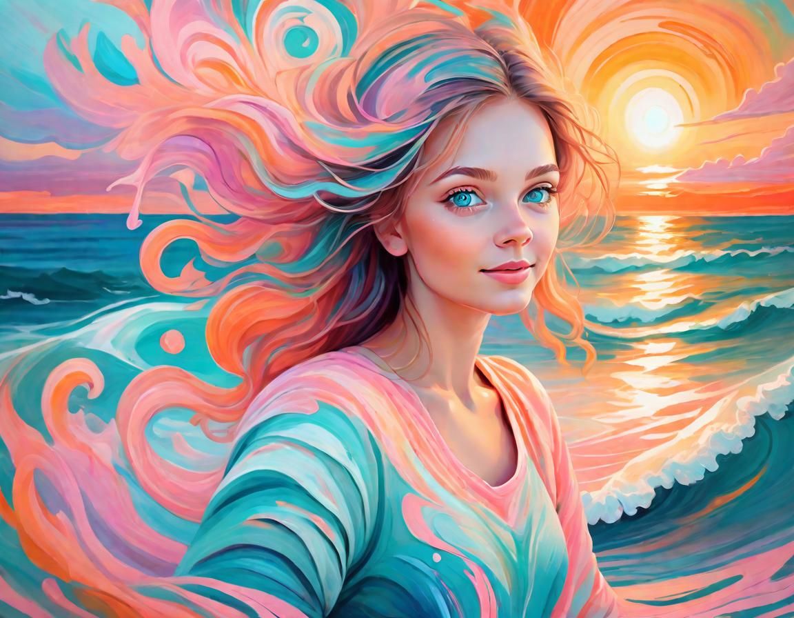 Girl by Ocean Sunset in Rococo Style