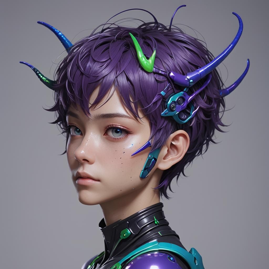alien boy, purple, blue, green, antennae, short hair.