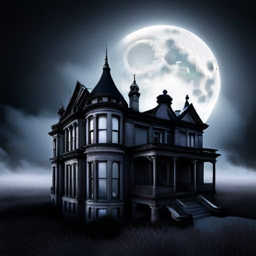 Spooky abandon mansion on a misty night with the moon partia...