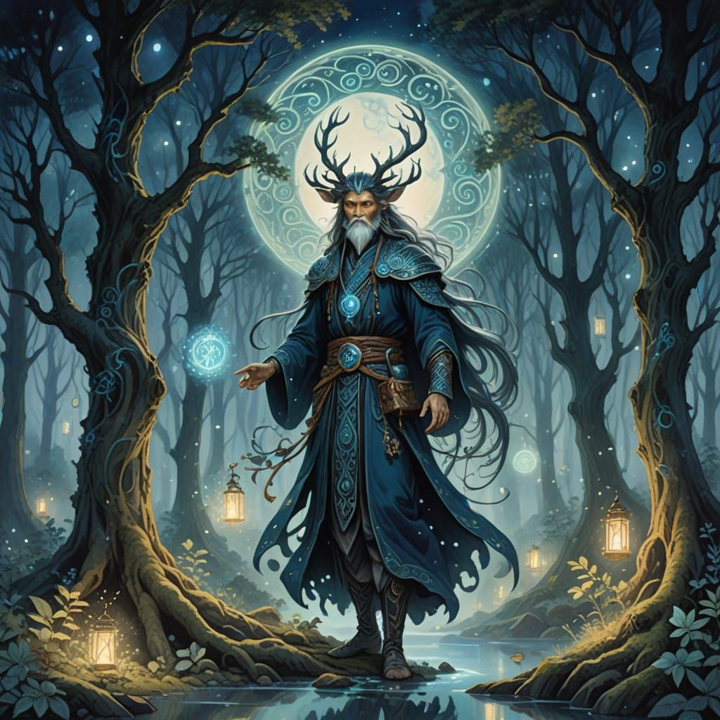 An ethereal forest spirit, composed of swirling mist and bioluminescent flora, dances in a moonlit clearing. Ancient trees with glowing rune...