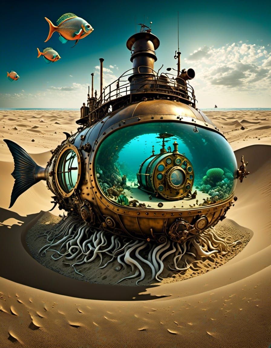 fish eye lens <lora:Surreal v2:1.0> Steampunk Submarine on Desert-Sand with Marine-Life focused Coral-Squid : intricately detailed : poster...