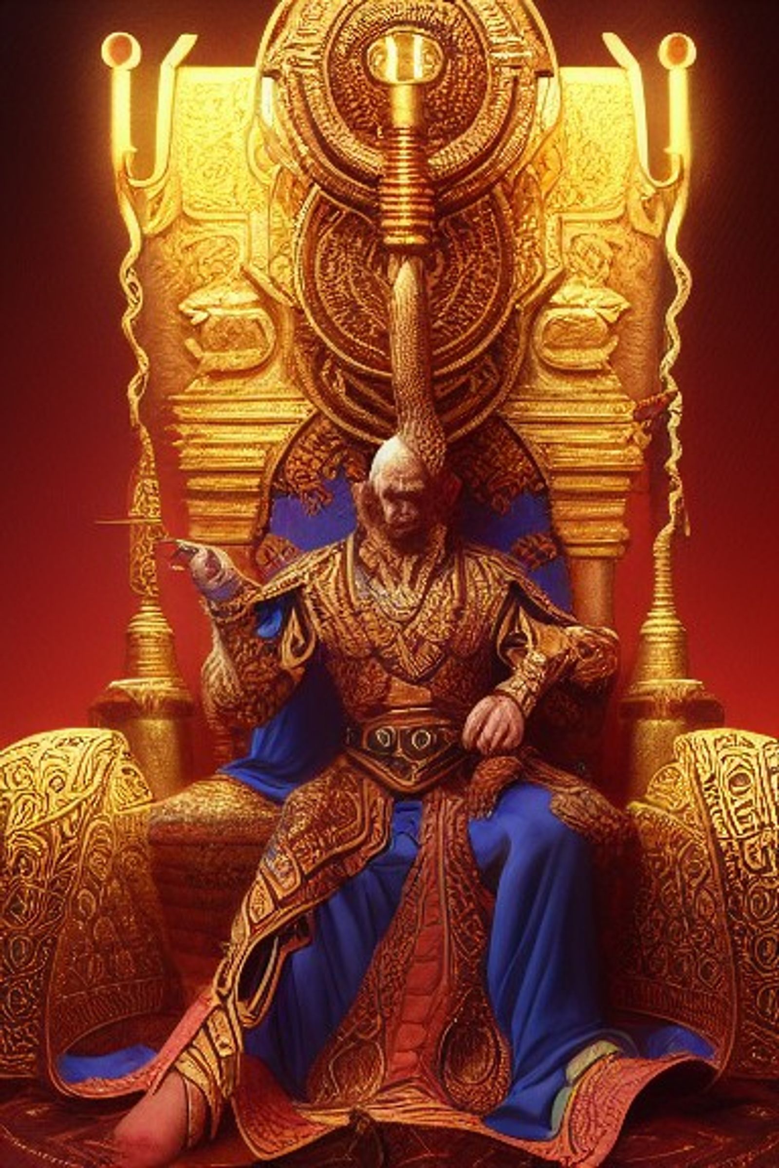 the emperor in his popuous throne, holding an ankh intricate, elegant