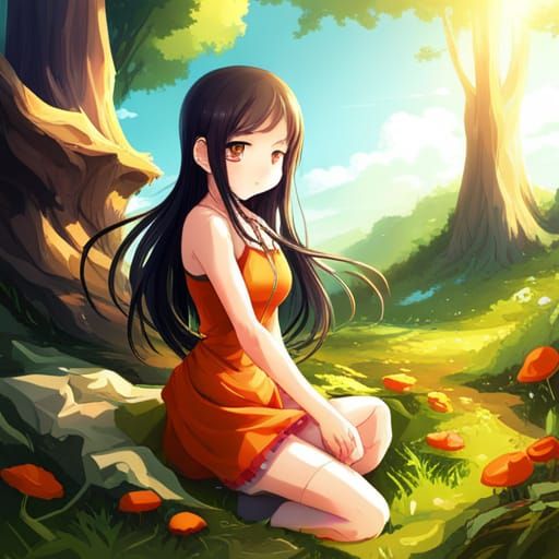 Anime Girl in Mushroom Forest Picking Flower