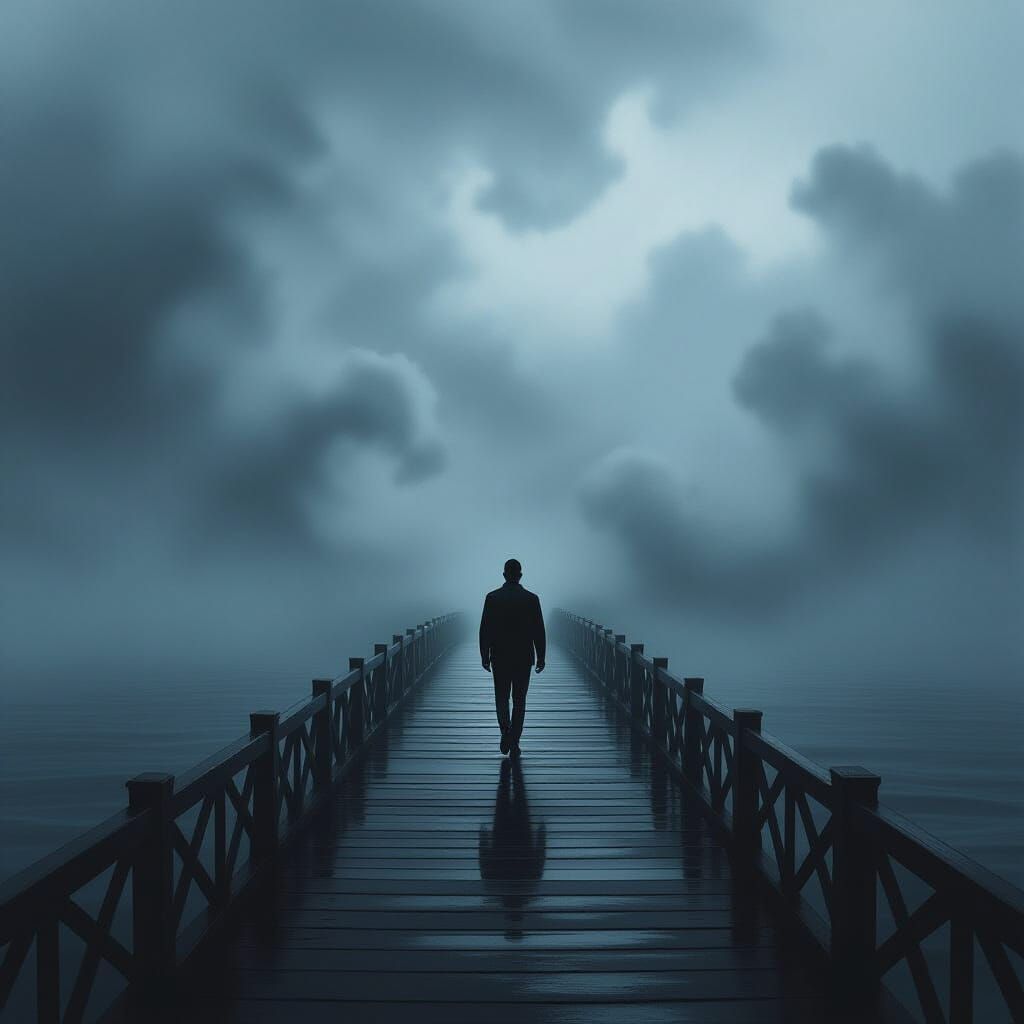 Man Crosses Foggy Bridge in Moody Digital Painting