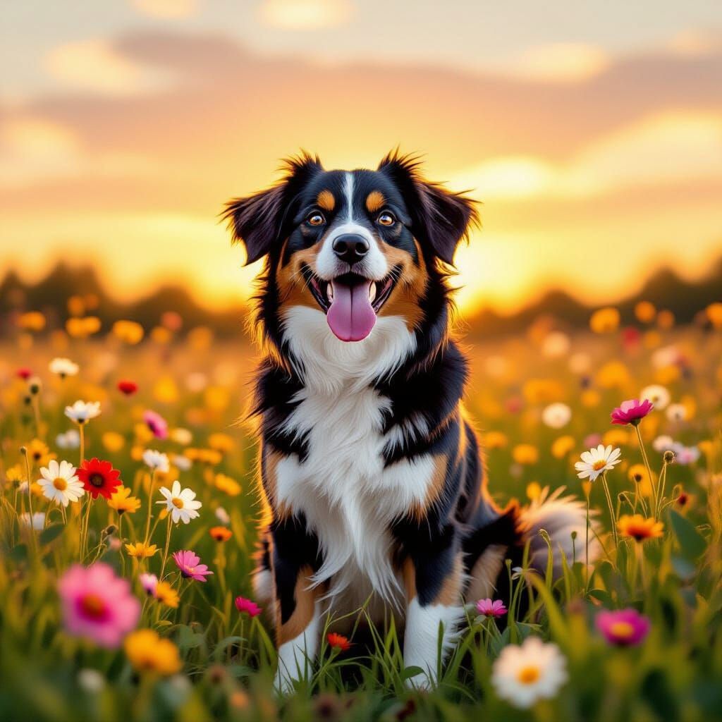 Foolish Dog in Golden Hour Flower Field