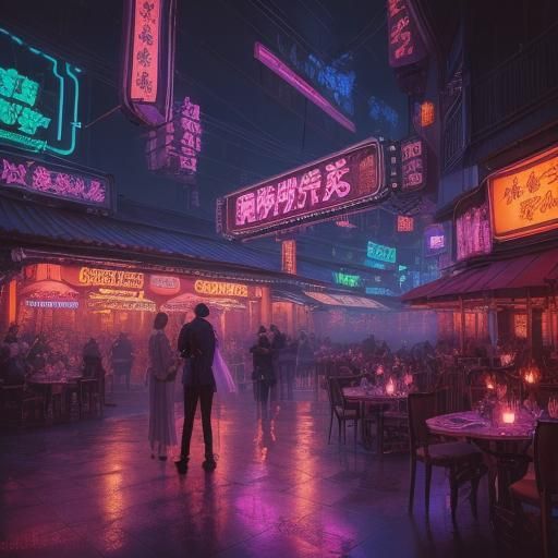 Cyberpunk Restaurant Scene with Neon Lights