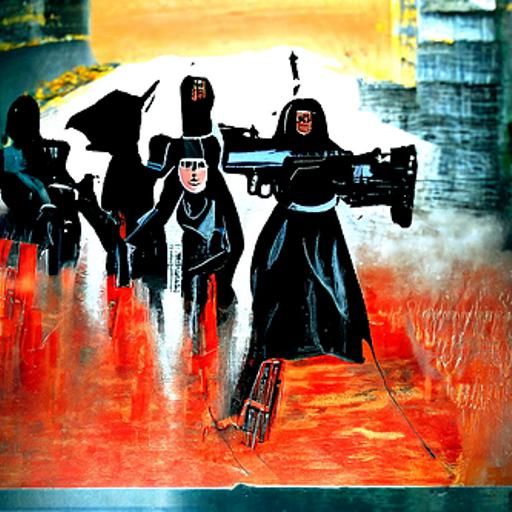 Battle nuns dystopian guns woodcut post-apocalyptic