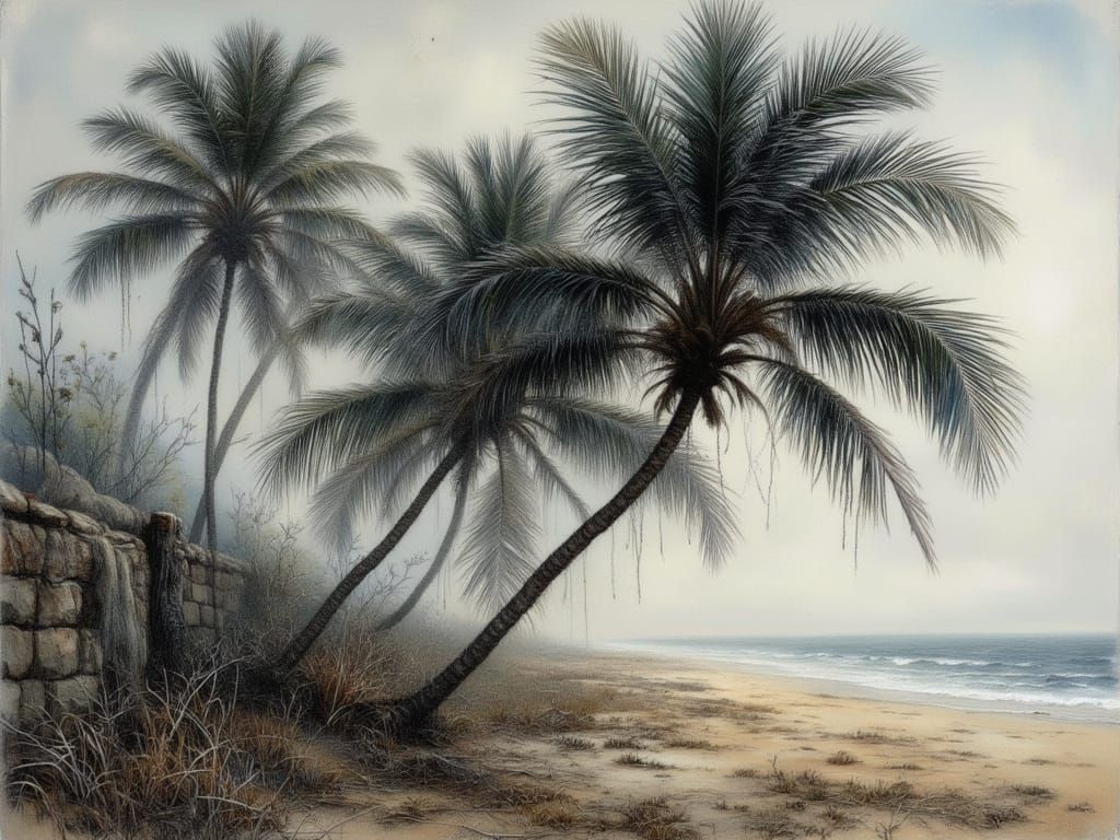 Palm Trees Bending in Windstorm, Dramatic Landscape