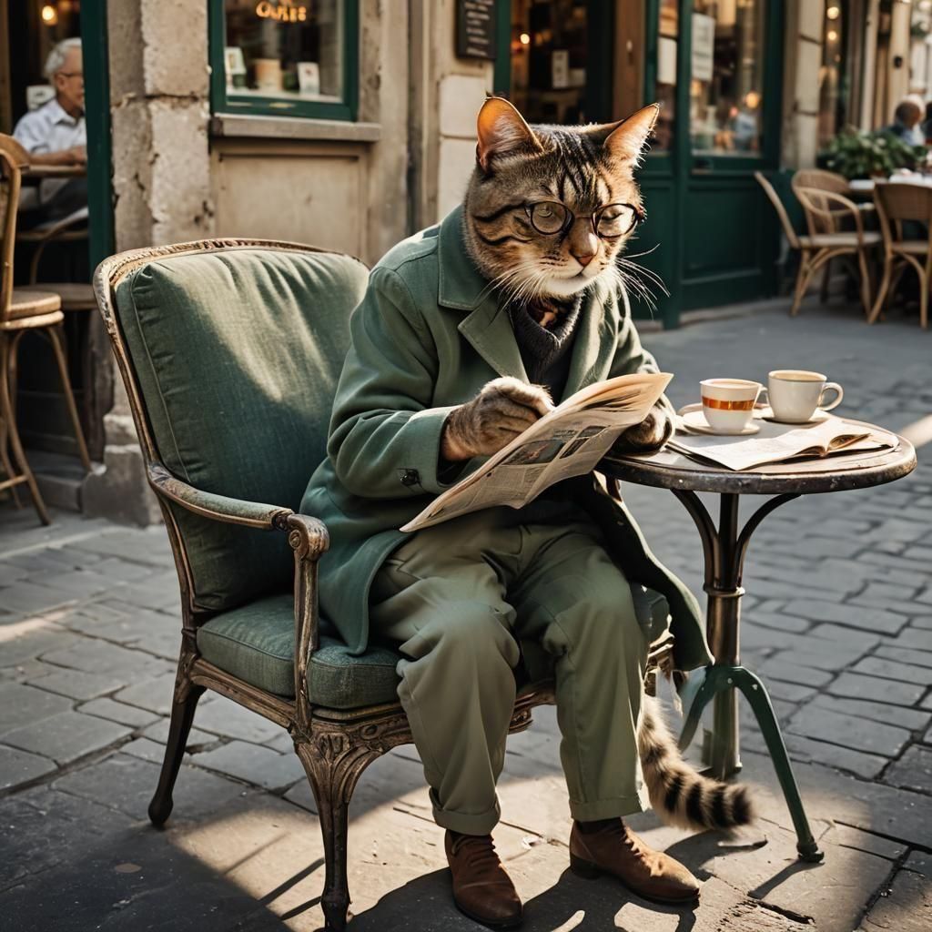 hyperrealistic portrait of a old cat, wearing a green pull and and grey pants, with glasses, reading a newspaper on a chair, in the street i...