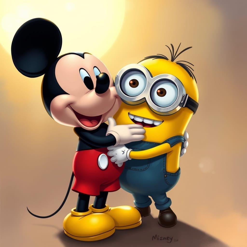Whimsical Hug Between Mickey Mouse and Minion Bob in a Sunli...