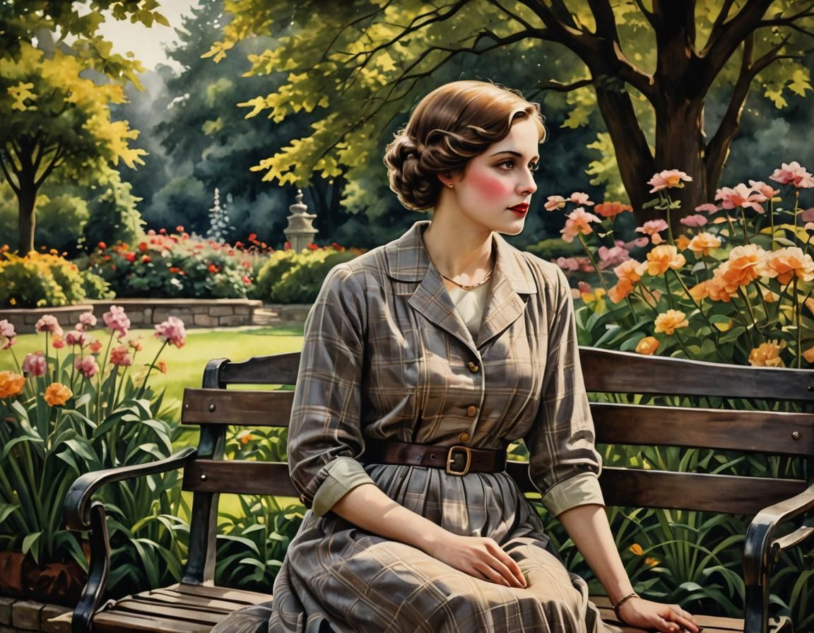 Woman in Garden, Watercolor Art Deco Portrait