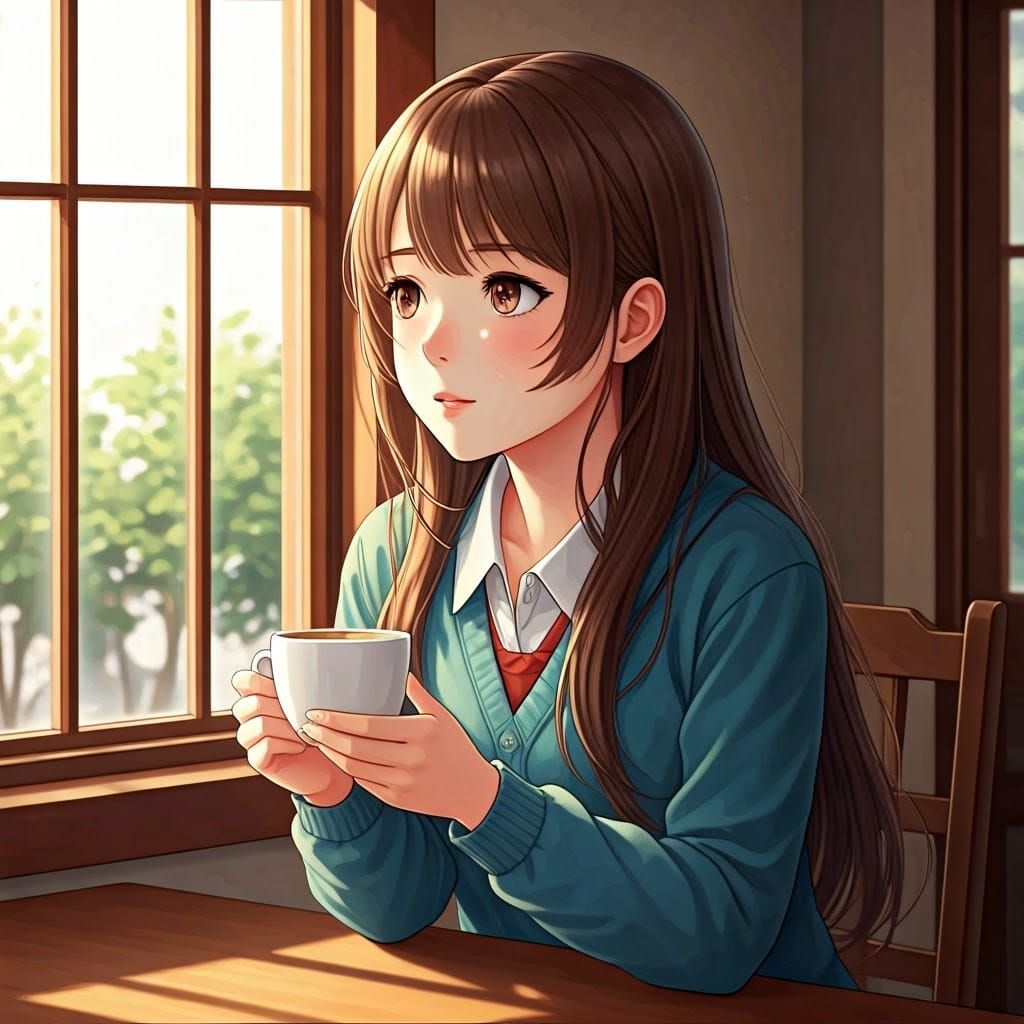 Anime Girl Inspired by Coffee in Cafe Scene