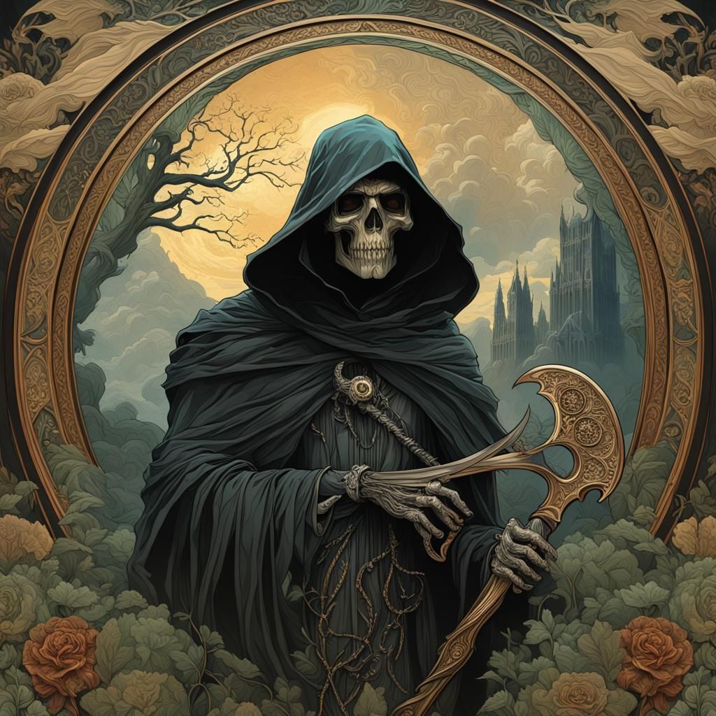 Grim Reaper and Mother Nature Portrait in Art Nouveau Style