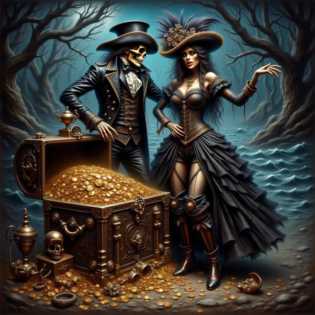 “ <lora:Victorian Gothic:1.0> <lora:Starryoil:1.0> <lora:Macabre Flux:1.0> A dark and mysterious oil painting of a hidden treasure scene. At...