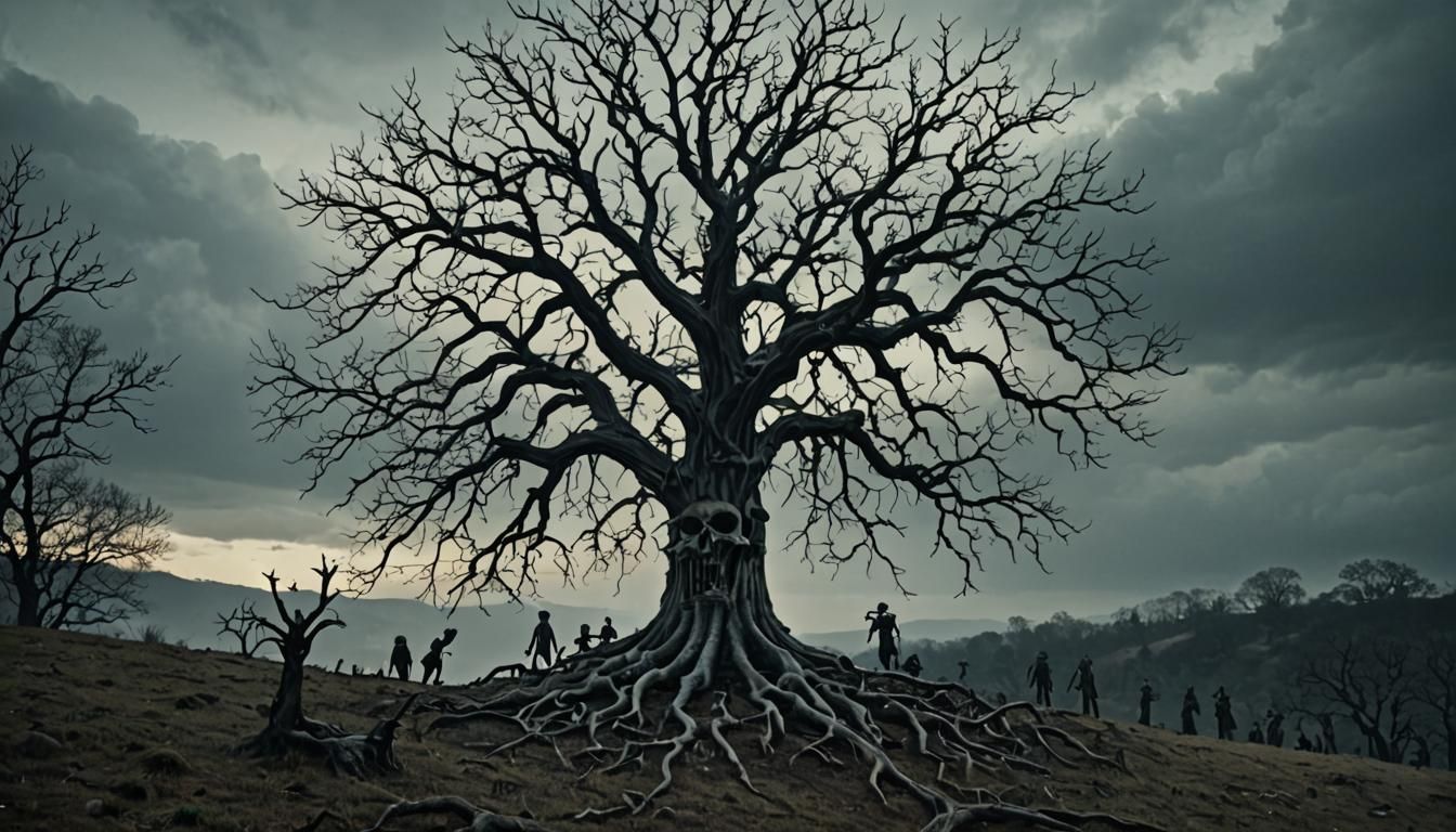 A sinister tree that resembles a skeleton an a hill that is full of ...