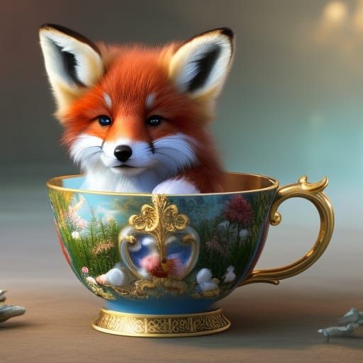 Cute fluffy baby fox curled up inside of an ornate teacup, d...