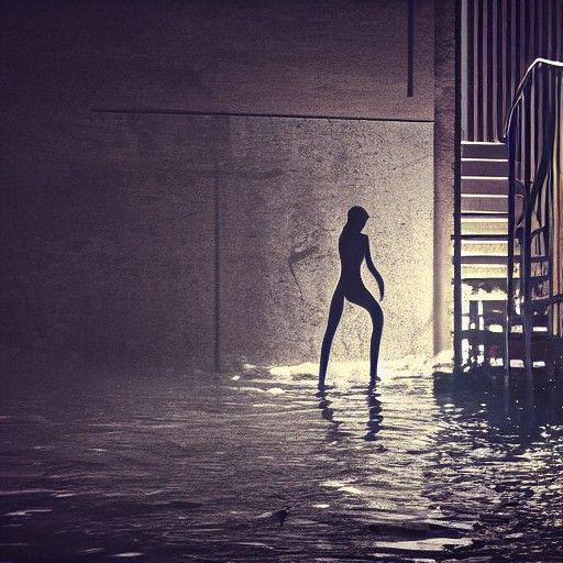 realistic, small dark flooded dirty old basement, stairs in ...