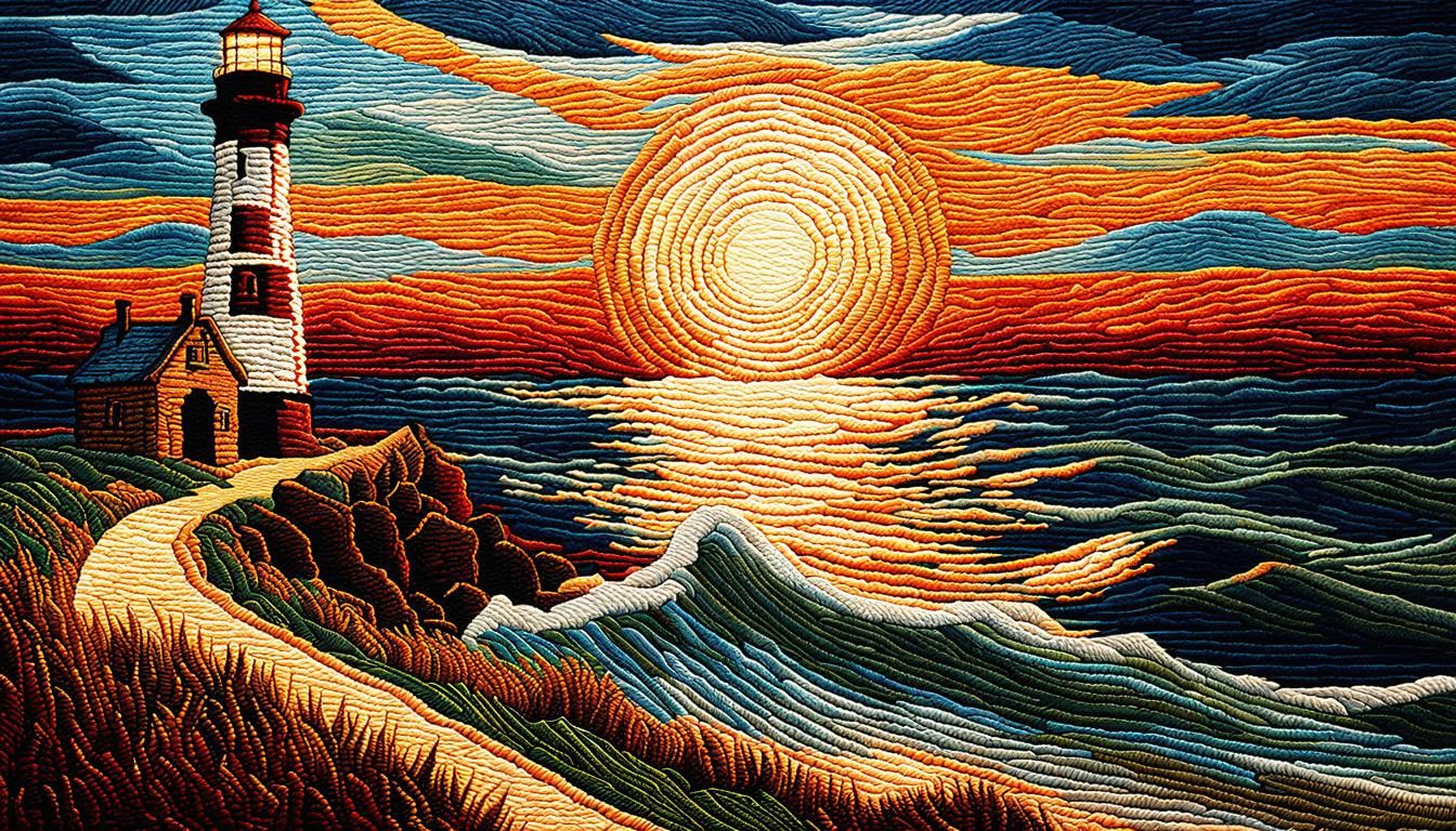Embroidery of a lighthouse at sunset in a tapestry, by van Gogh  by @undefined