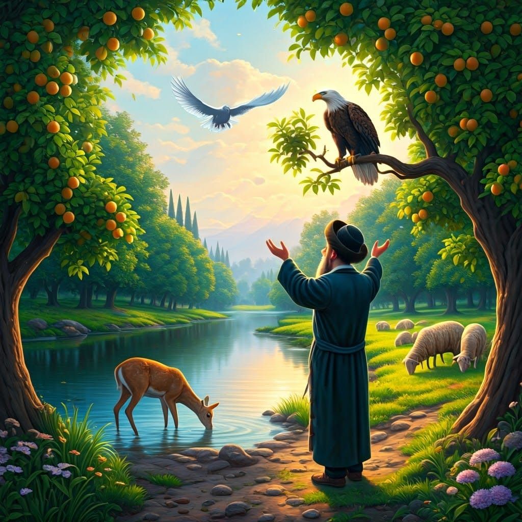 Golden Hour Serenity: Lush Fruit Trees and Heavenly Grazers