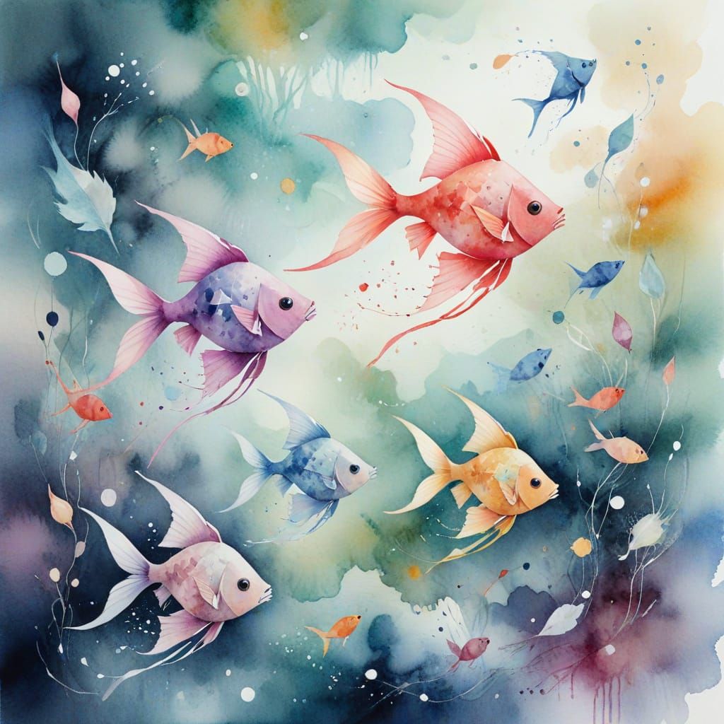 Origami Fish in Watercolor Sky: Surreal Digital Art