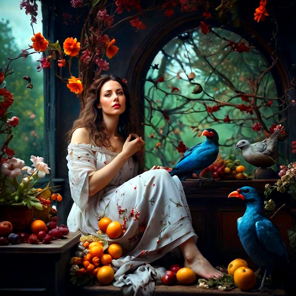 Surrealist Goddess in Vibrant Floral Wonderland