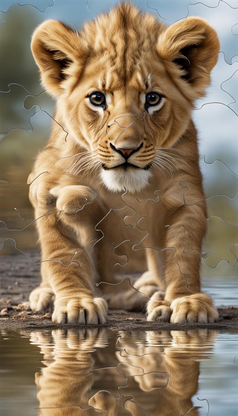 Puzzle design a baby lion cub drinking atba puddle of water