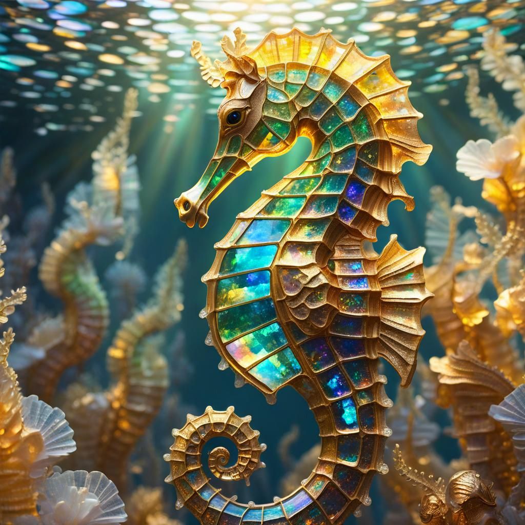 SeaHorse whimsical fantastic waterscape, iridescent shimmering  shiny jeweled scales Triadic colors... ...  by @Kitcalyx
