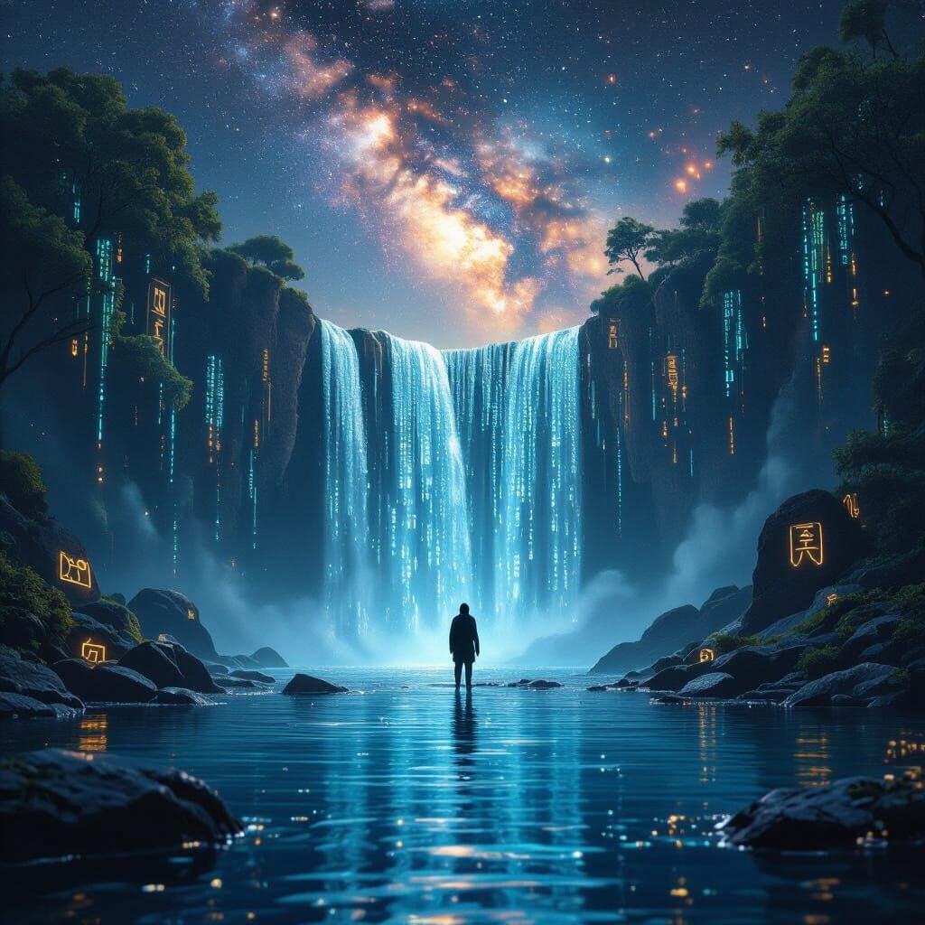 A lone figure stands at the precipice of a waterfall composed of flowing binary code, cascading into a tranquil pool reflecting a nebula. Th...