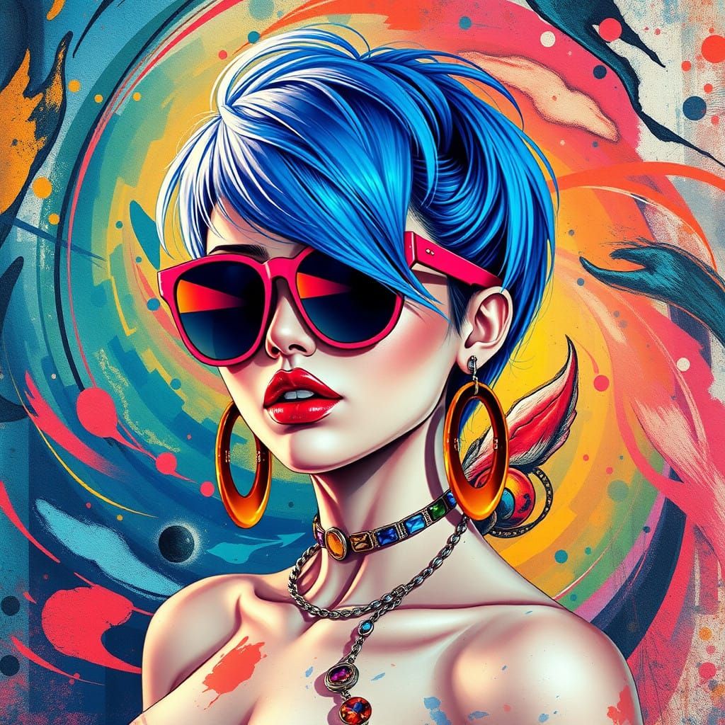 striking pop art portrait features a young woman with bold hair and stylish accessories, set against ...  by @jeduardocwb