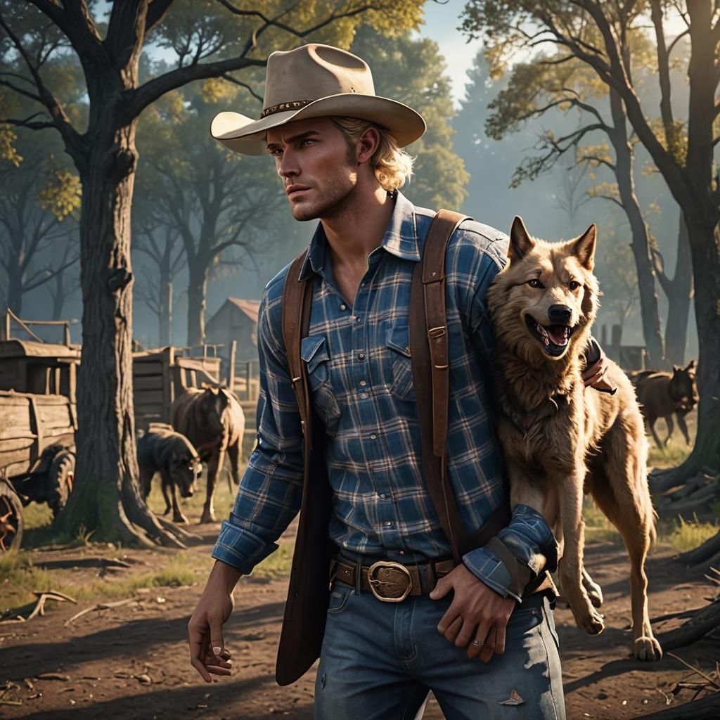 a 25 year old,male farmer. He is wearing a flannel shirt and...