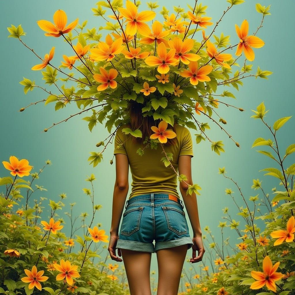 surrealistic fantastic by Antonio J. Manzanedo and Bastien Lecouffe-Deharm:: a girl coated by phantastic yellow, orange and green leafs and...