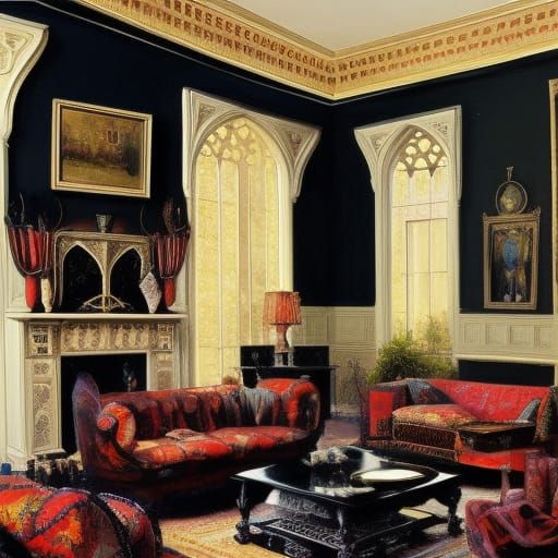 Gothic living room with Black walls and black grand gothic f...