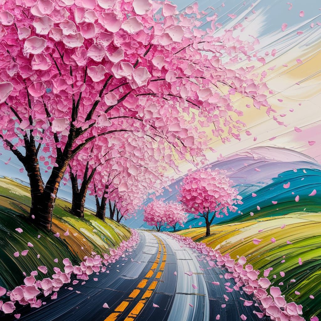 A breathtaking impasto oil painting of a scenic road lined with cherry blossom trees in full bloom. ...  by @Gabbi