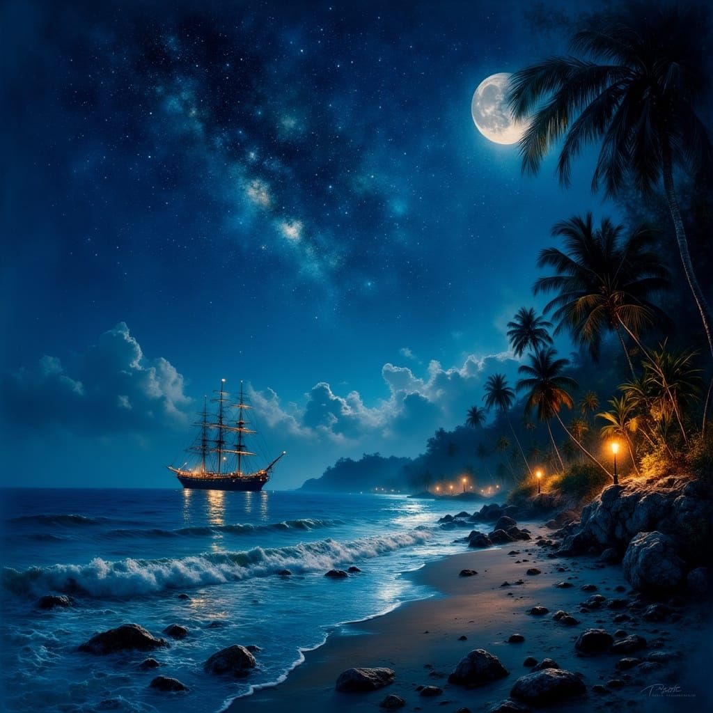 Hyper-detailed, hyperrealistic illustration. A serene Caribbean coastline at night, bathed in soft moonlight. ...  by @MythsCreator