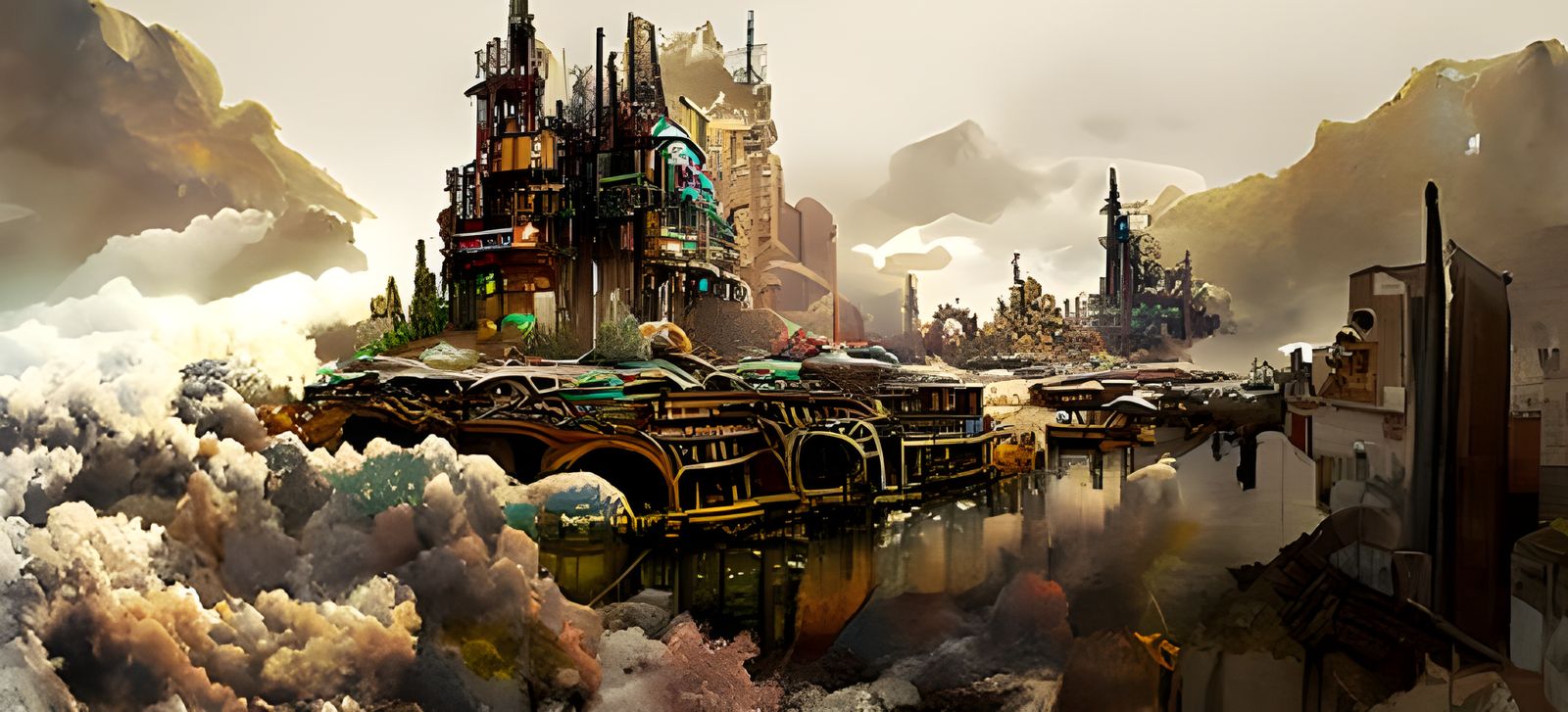 Beautiful steampunk city built on the ruins of abandoned and desolate ...