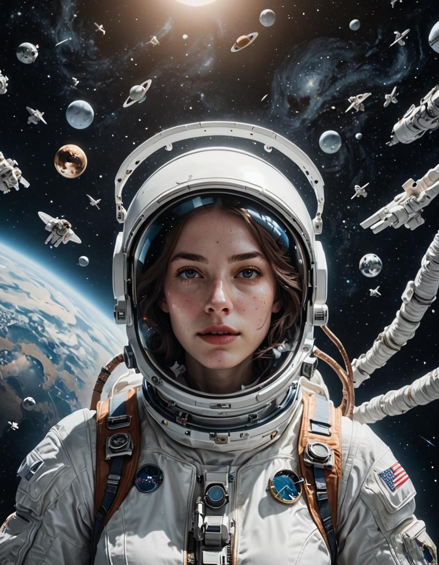 Hyperrealistic young woman in a white dress floating in space. She wears an astronaut helmet. Milkyways 