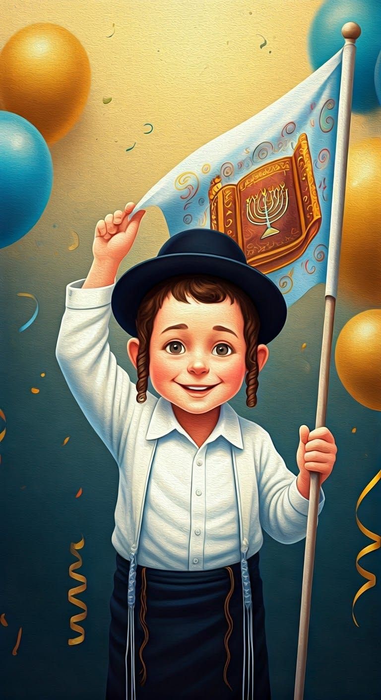 Joyful Boy with Torah Flag in Children's Book Style