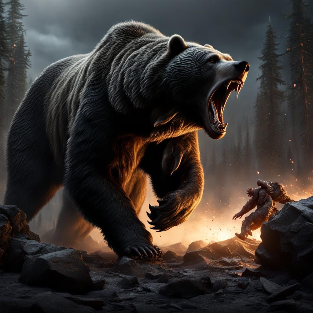 Award-winning masterpiece meticulously detailed Enraged Dire Bear, dark ...