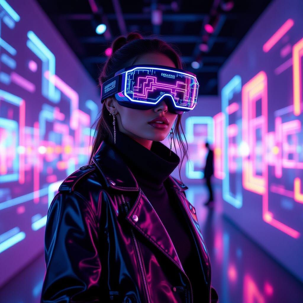 A stylish, gender-neutral streetwear model strikes a confident pose amidst a vibrant, neon-lit digital art gallery, ador...
