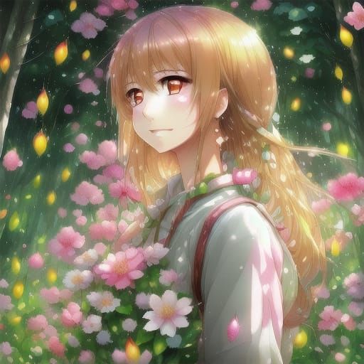 Whimsical Anime Girl Surrounded by Vibrant Flowers in a Sere...