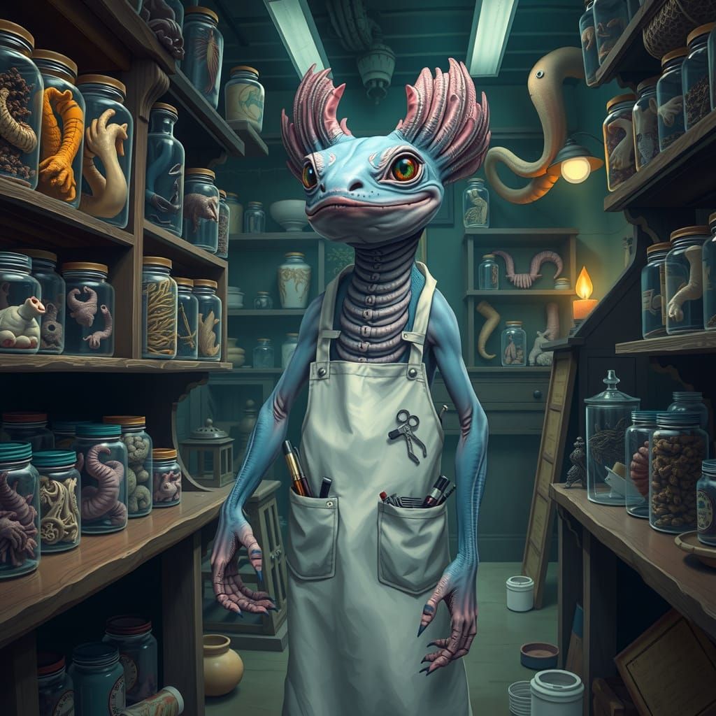 Axolotl Apothecary Shopkeeper in Dark Fantastical Realism