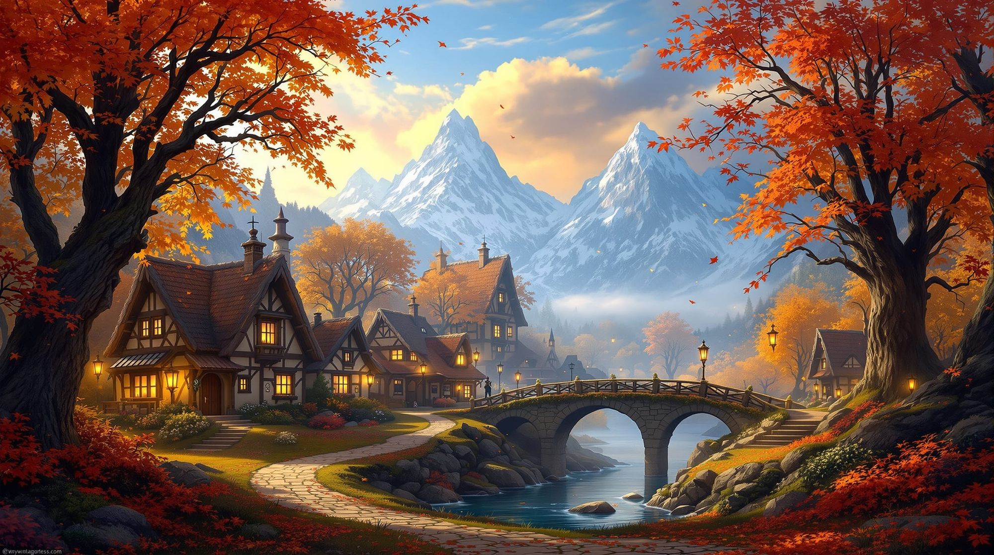 Quaint little village of Elarindor protected by Auremyr the Golden Dragon 