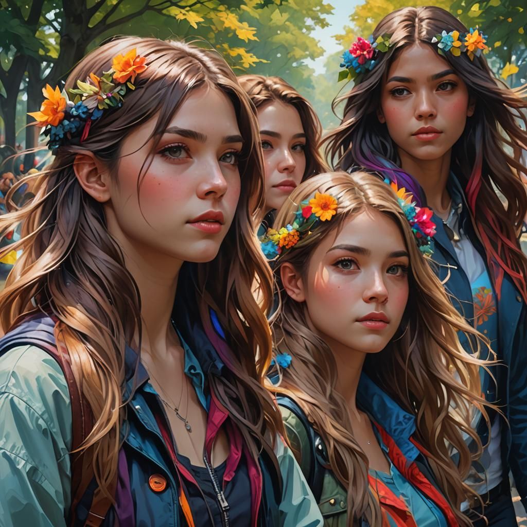 Girl with Friends in Park: Hyper-Realistic Art