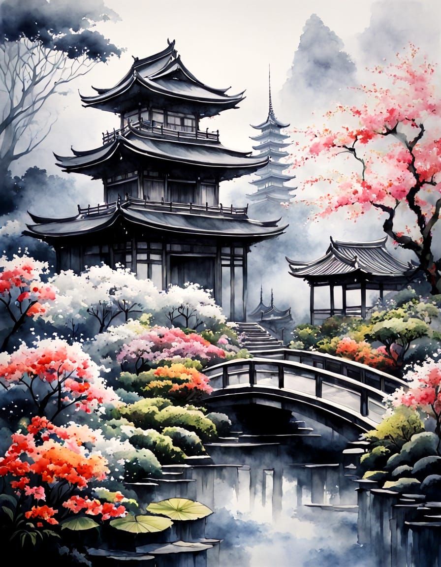 Stunning japanese temple and garden, ethereal, zentangle, mysterious fog, flowers, fantasy garden; watercolor, various s...