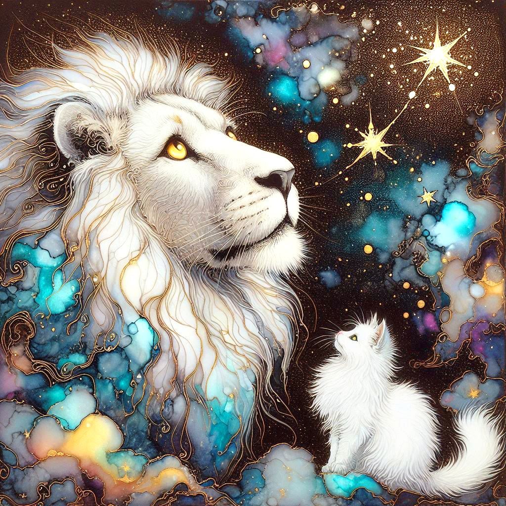 Aquarell von Löwe und Kätzchen- beide blicken voller Dankbar...