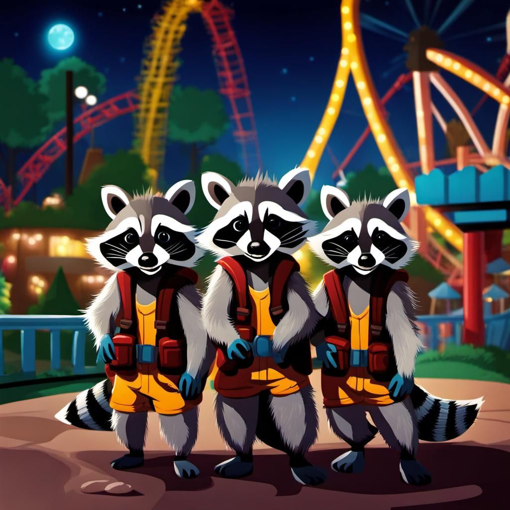 Sibling raccoons on an adventure in a theme park at night