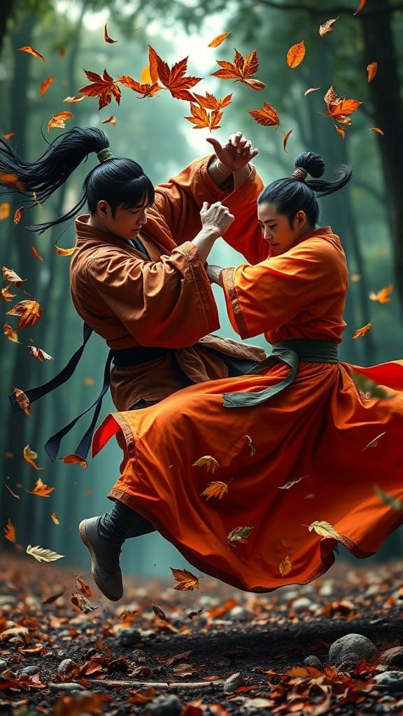 Two martial artists mid-fight, movements creating dynamic, leaves circling around them. One in flowing orange robe, the other wears black. L...