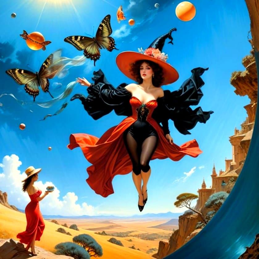 Lady in a Whimsical, Oversized Hat Amidst a Surreal Backgrou...